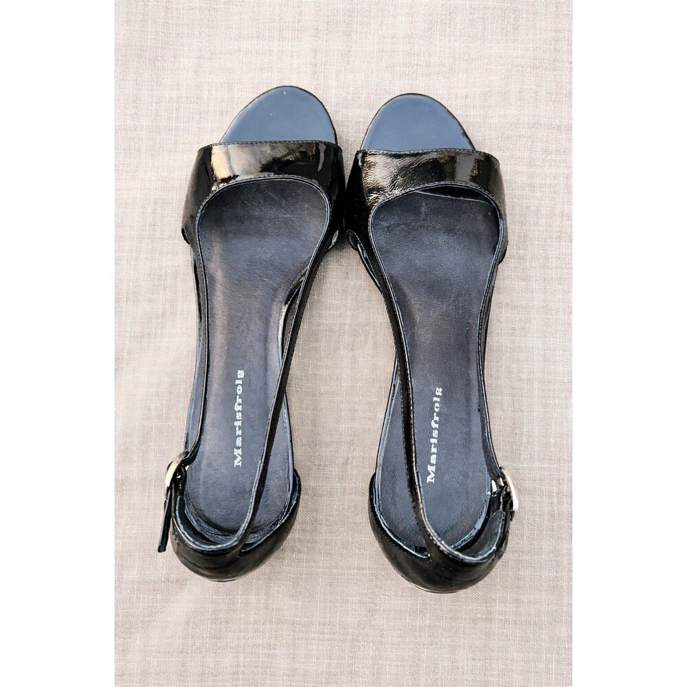 Marisfrolg Black Patent Slingback Heels Cork Heel Open Toe Kitten Heel
